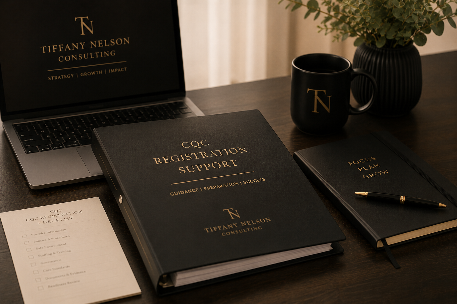 Office desk with a laptop displaying the Tiffany Nelson Consulting logo, a black binder labeled 'CQC Registration Support,' a black notebook titled 'Focus Plan Grow' with a gold pen, a printed checklist titled 'CQC Registration Checklist,' a black coffee mug and a black vase with green foliage.
