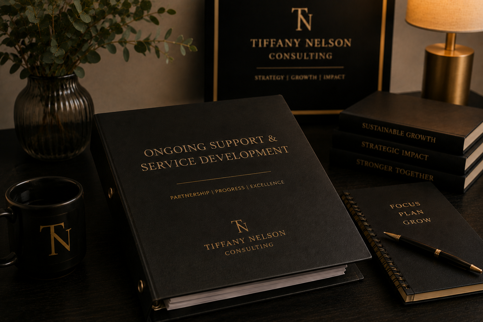 Desk with consulting materials including a black binder labeled 'Ongoing Support & Service Development,' a notebook titled 'Focus Plan Grow,' a small black mug with gold logo, a black and gold pen, a stack of black books with gold titles, a framed sign for Tiffany Nelson Consulting, a black vase with green foliage, and a gold lamp.
