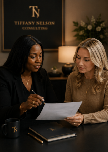 Two women sitting at a desk reviewing retainer consultancy and leadership support with Tiffany Nelson Consulting sign