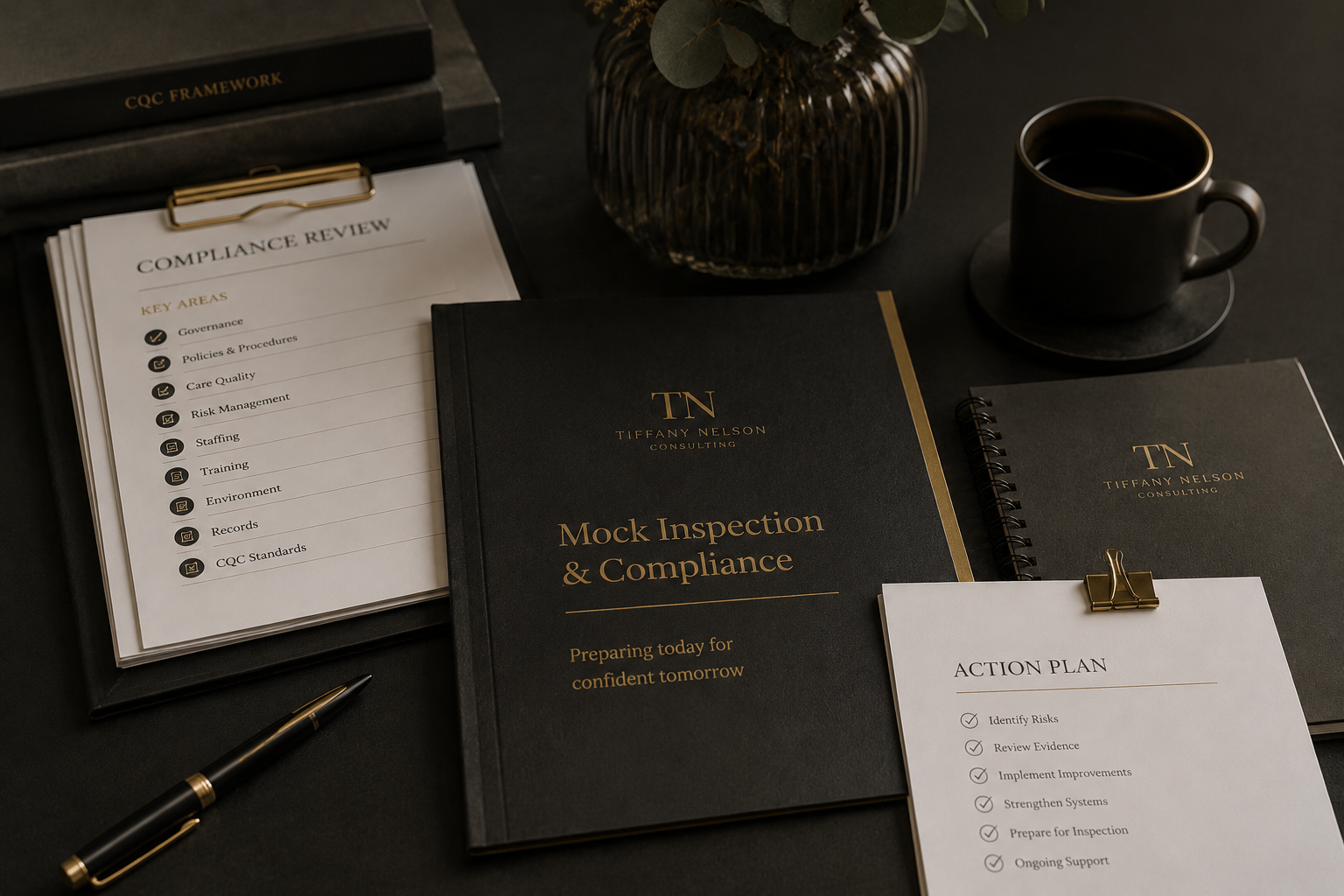 A desk workspace with a black notebook titled 'Mock Inspection & Compliance' and the subtitle 'Preparing today for confident tomorrow.' There is a white action plan sheet with checklist items, a black pen with gold accents, a pen holder with a gold clip, a cup of coffee on a saucer, a large glass vase with greenery, and a stack of black and gray folders.