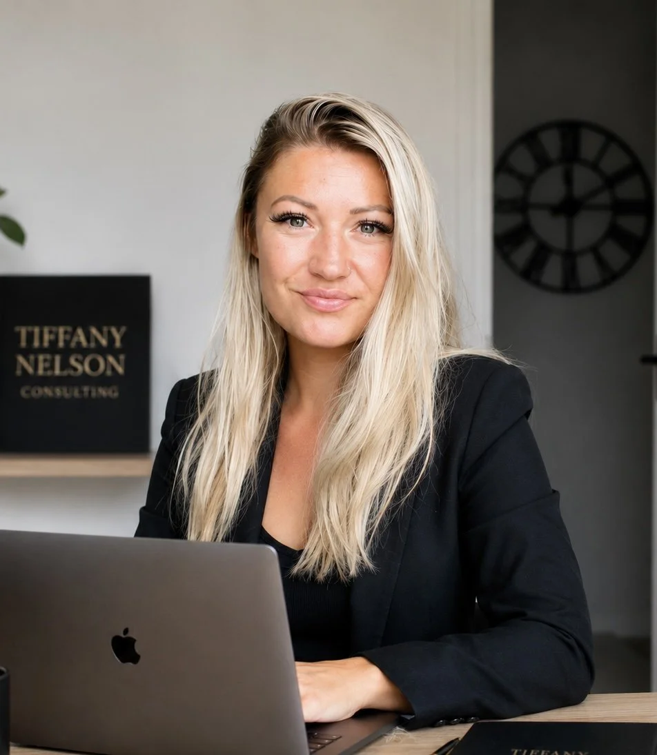 Smiling Blonde behind laptop Tiffany Nelson Consulting