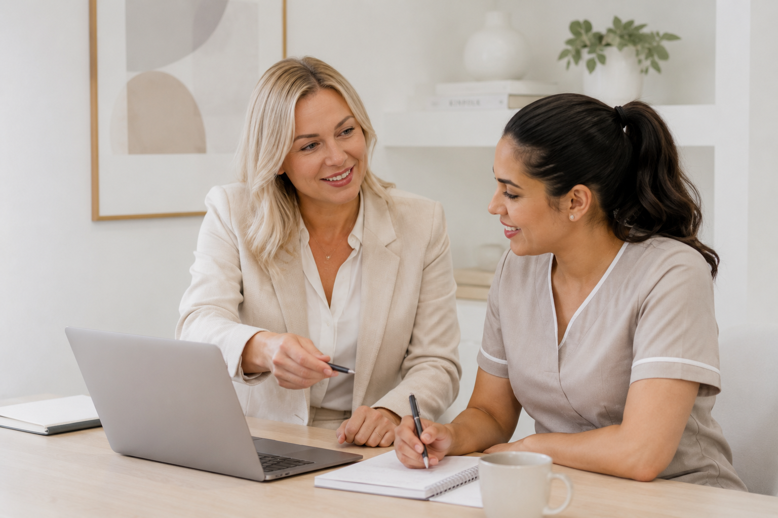 Two women, one older with blonde hair in a beige blazer and one younger with dark hair in a beige nursing uniform, smiling and engaging in conversation at a table with a laptop, notebooks, and a coffee mug.