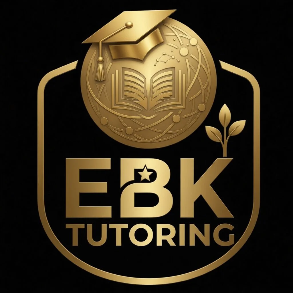 A gold emblem featuring a graduation cap, an open book, and a science diagram, with the text "EBK Tutoring" in bold letters underneath.