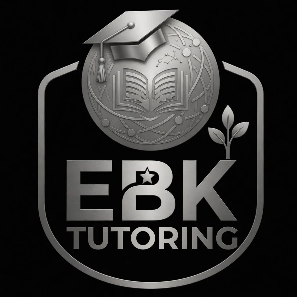Silver emblem for EBK Tutoring featuring a graduation cap, open book, molecular structure, and plant, on a black background.