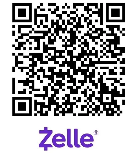 A QR code with the Zelle logo beneath it in purple text.