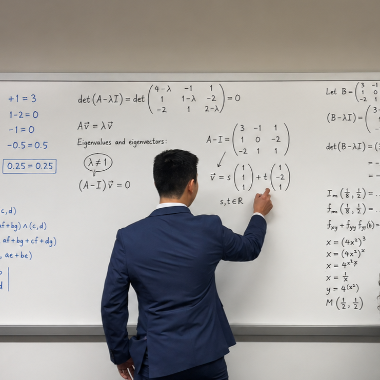 A man in a blue suit writing mathematical equations and matrices on a whiteboard in a classroom.