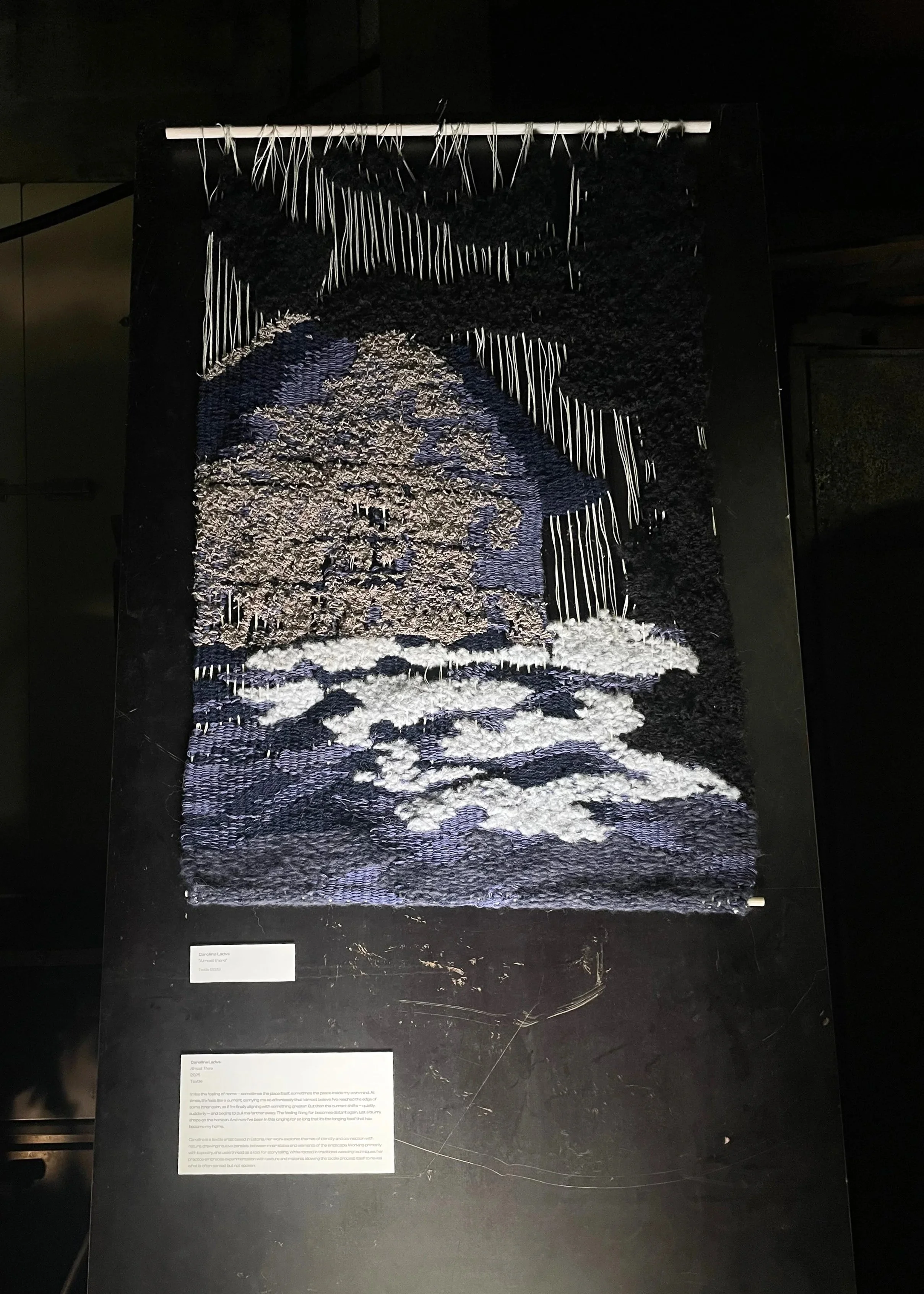 A textile artwork featuring a house like building and sea like landscape with a night sky, created with textured threads and strips, displayed in a museum with descriptive plaques.