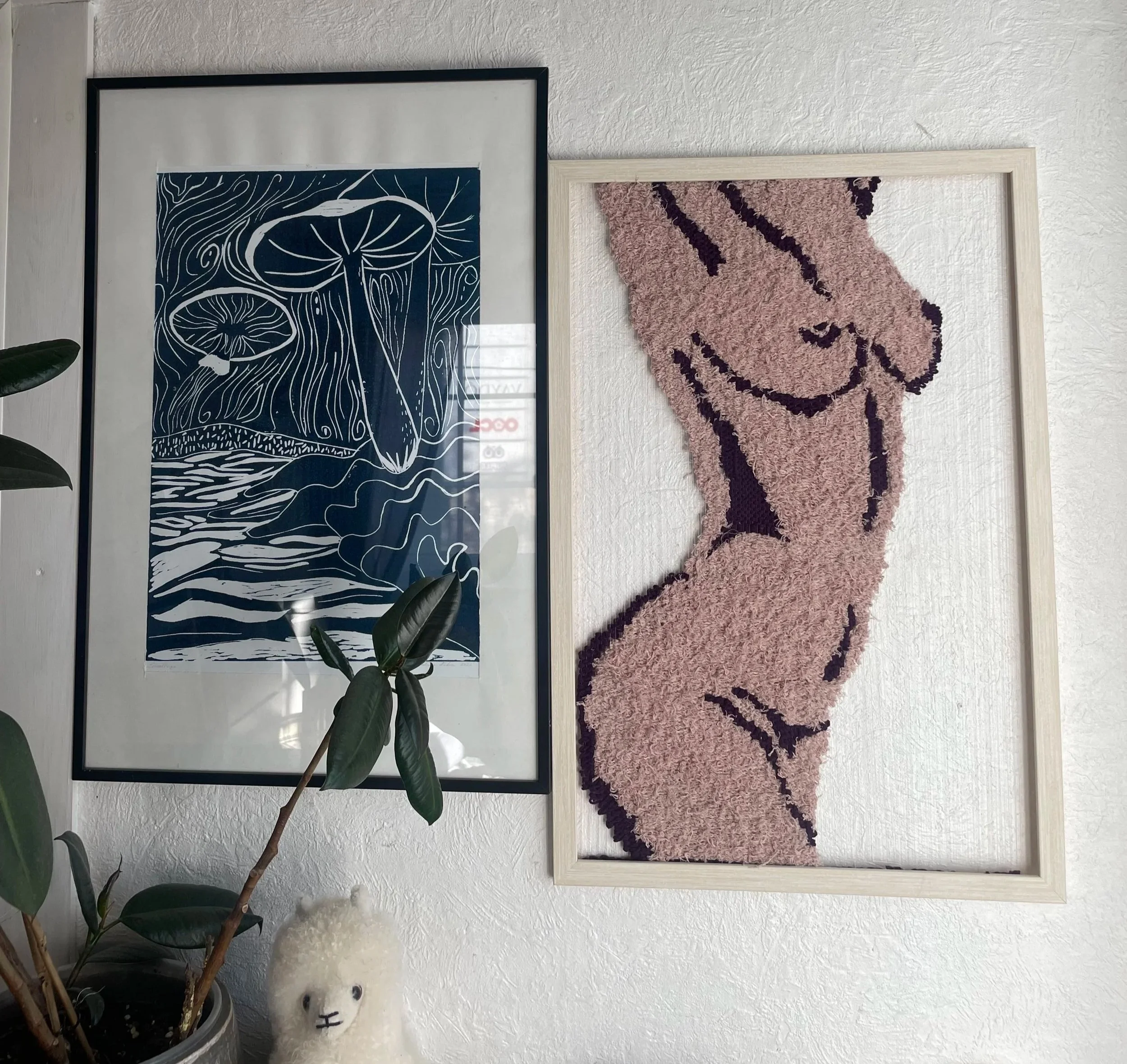 Lino cut and tapestry on the wall composition