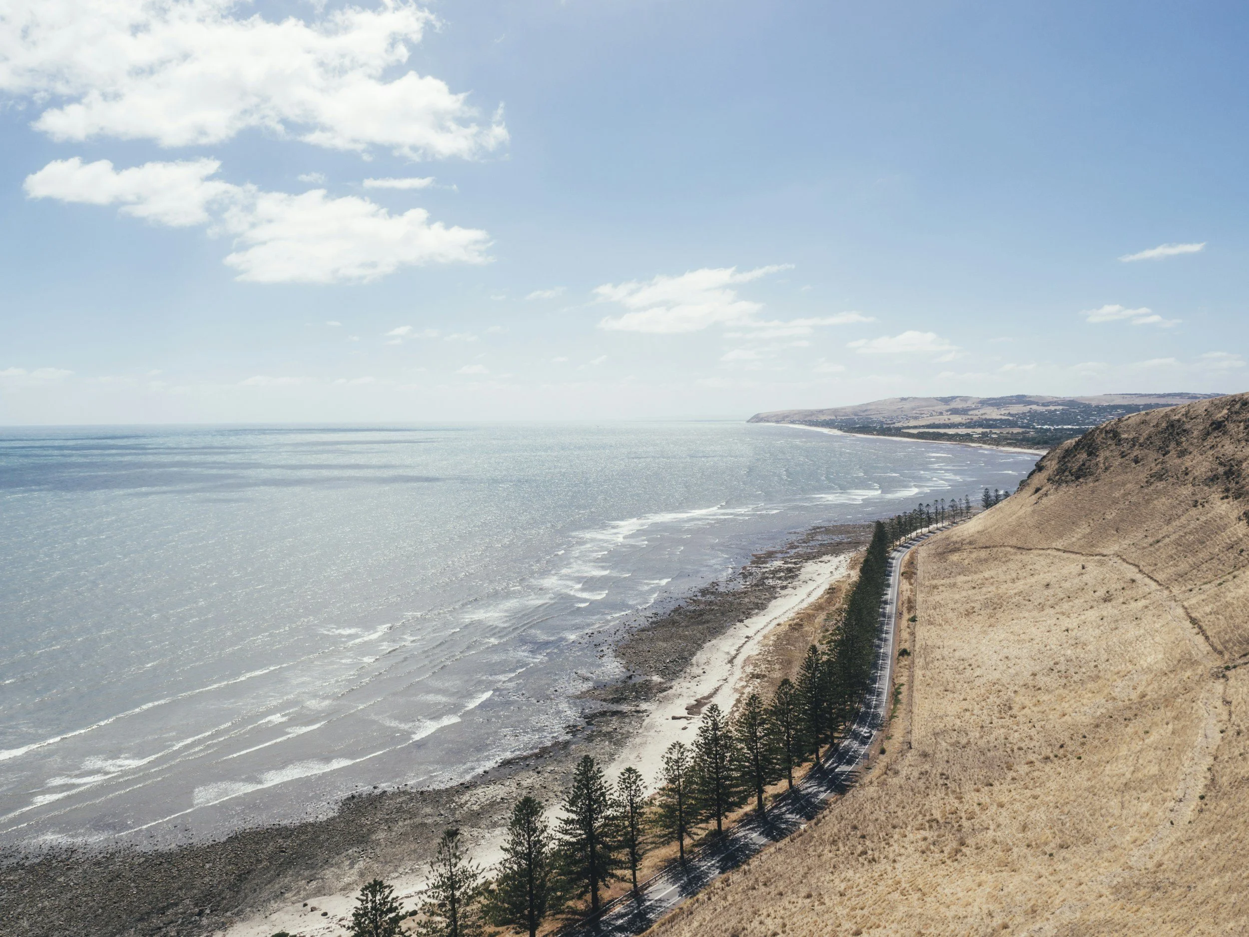 A coastal landscape with a road running parallel to the shoreline, trees lining the road, sandy hills, and a blue ocean under a partly cloudy sky.