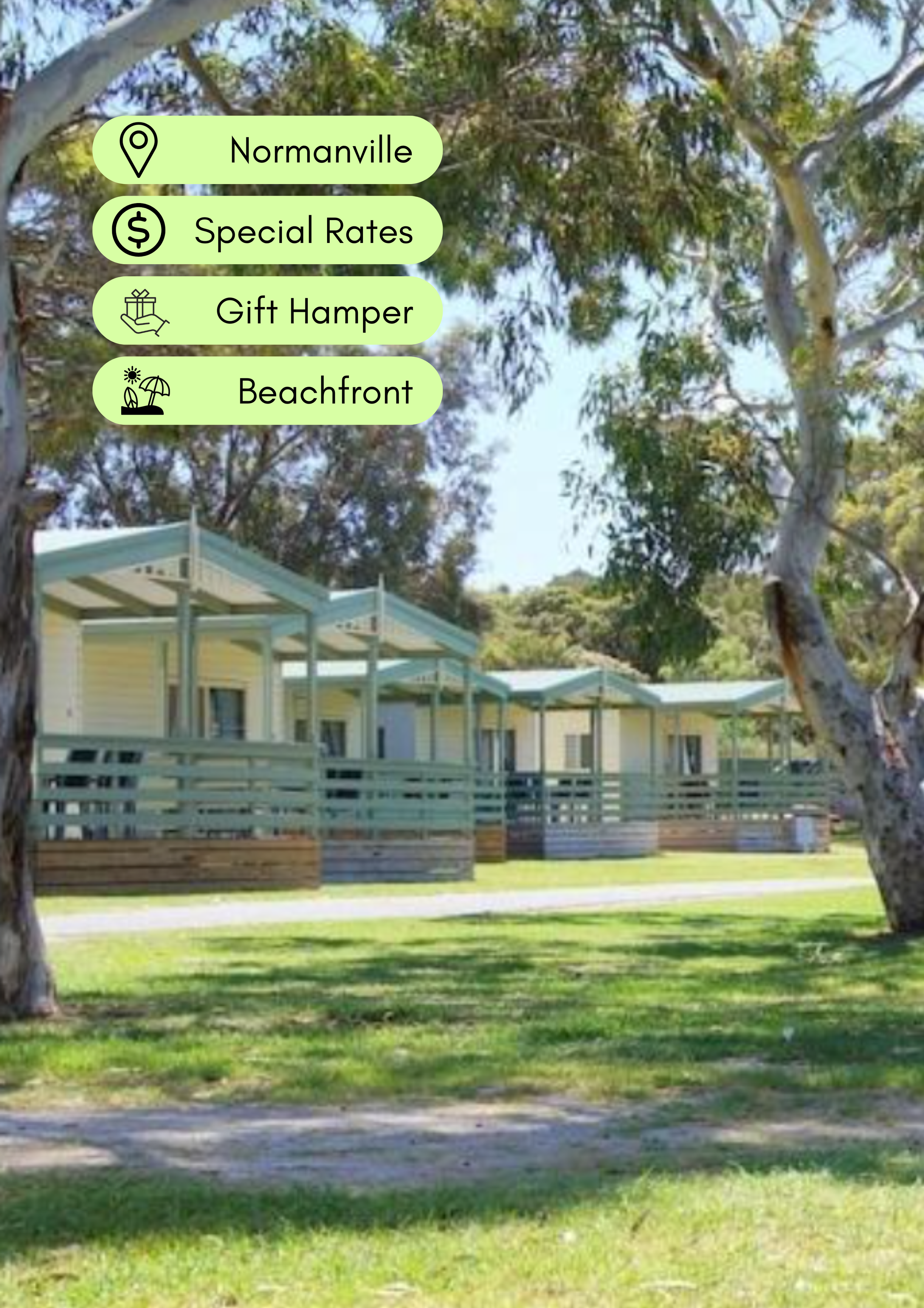 A mobile menu overlay with four options: 'Normanville' with a location icon, 'Special Rates' with a dollar sign icon, 'Gift Hamper' with a gift box icon, and 'Beachfront' with a beach umbrella icon, over a background of trees and a yellow house with blue roofing.