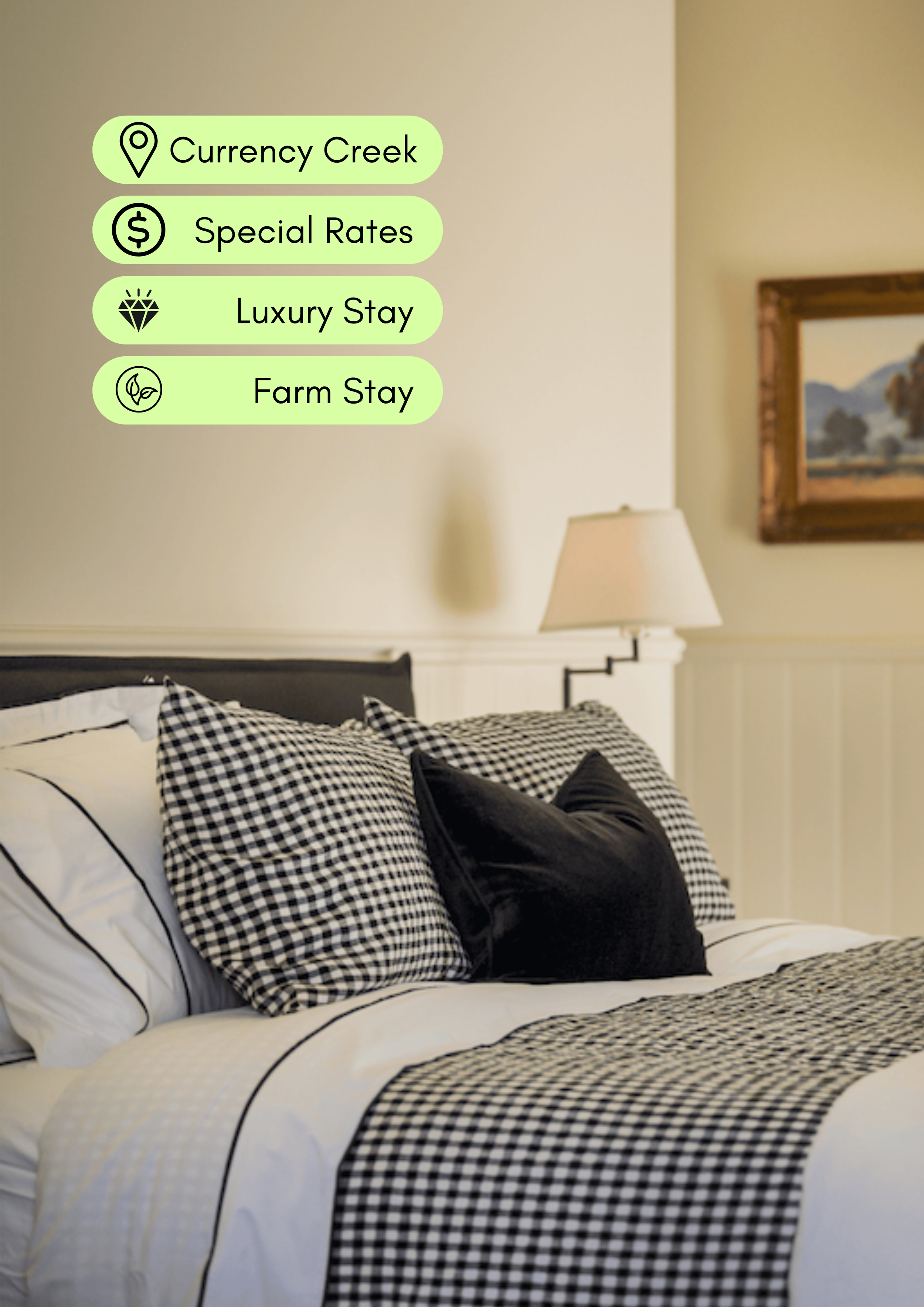 A cozy bedroom with a bed that has black and white checkered and white bedding, two checkered pillows, a black pillow, a wall-mounted lamp, a painting of a landscape, and a chat window with options for Currency Creek, Special Rates, Luxury Stay, and Farm Stay.