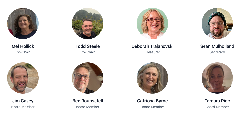 Group photo of eight professionals with their names and titles, including Mel Hollick and Todd Steele as Co-Chairs, Deborah Trajanovski as Treasurer, Sean Mulholland as Secretary, Jim Casey, Ben Rounsefell, Catriona Byrne, and Tamara Piec as Board Members.