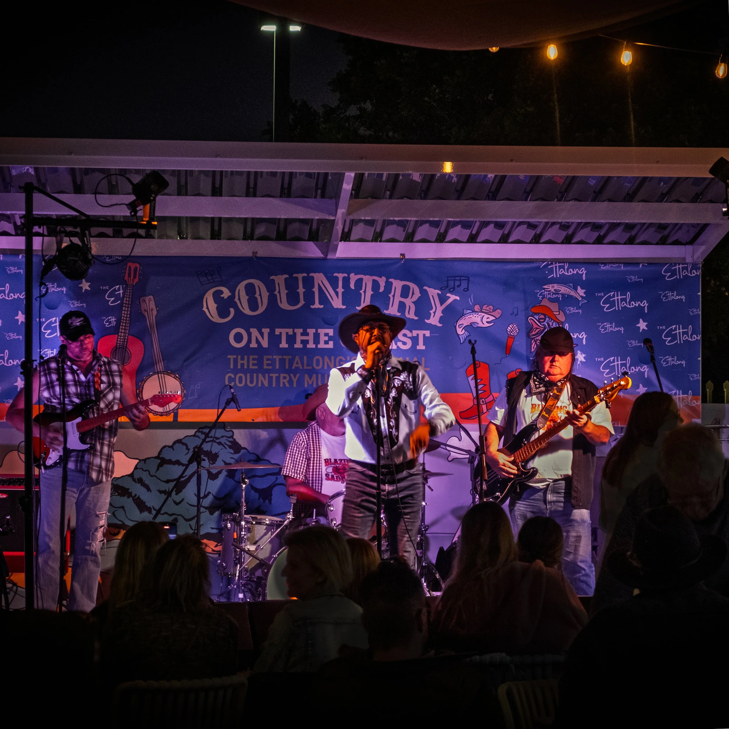 A band performing at night with a backdrop that reads 'Country on the First' and includes musical instruments and performers under string lights.