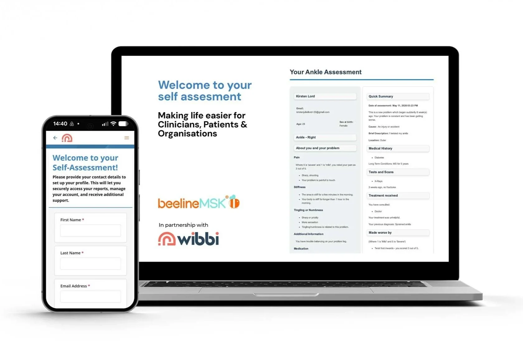 Laptop and smartphone displaying a health assessment app called beelineMSK, showing a self-assessment welcome screen and a form to provide contact details, in partnership with wilbi.