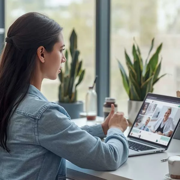 Woman in a denim jacket participates in a video call on her laptop, seated at a white desk with potted plants in the background.