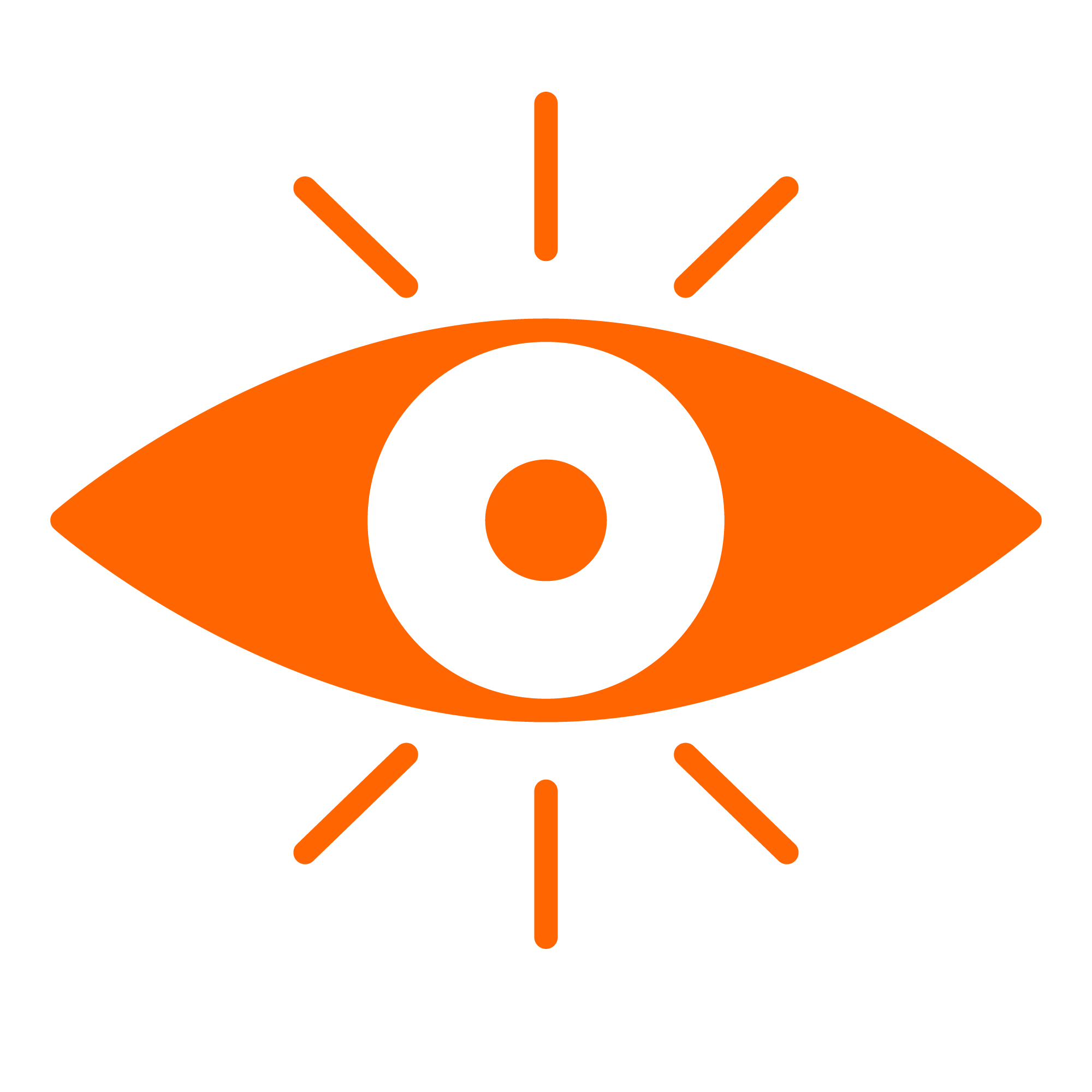 An orange stylized eye with lines radiating outward, resembling a radar antenna or signal icon.