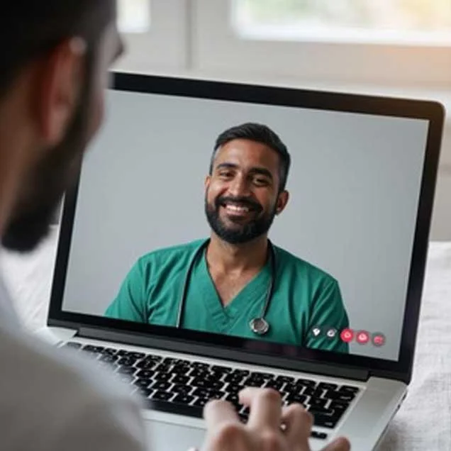 Video call with a smiling male healthcare professional wearing green scrubs and a stethoscope on a laptop screen, with a person seen from behind taking notes.