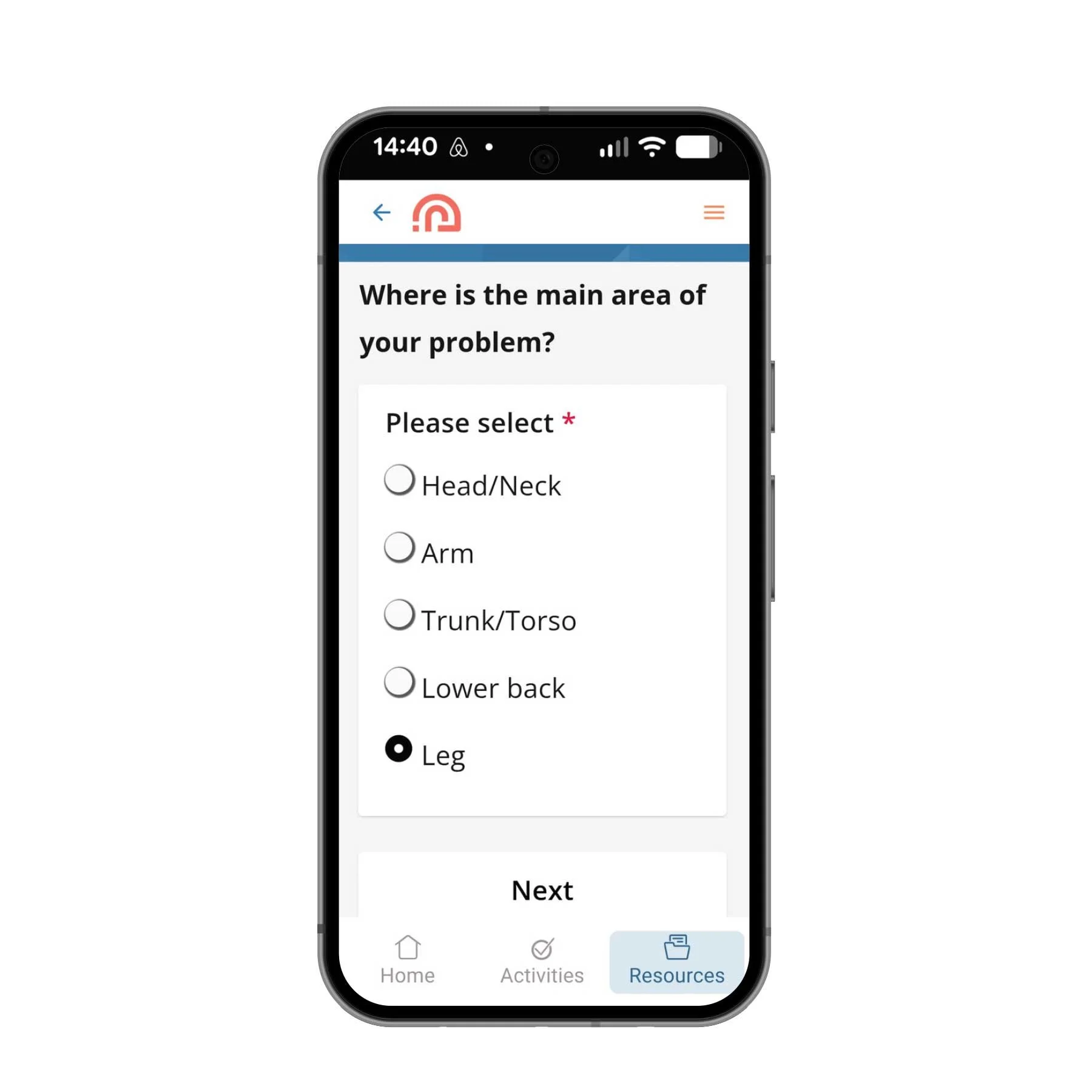 Mobile app screen showing a medical questionnaire about body pain locations, with options like Head/Neck, Arm, Trunk/Torso, Lower back, and Leg, and navigation icons at the bottom for Home, Activities, and Resources.