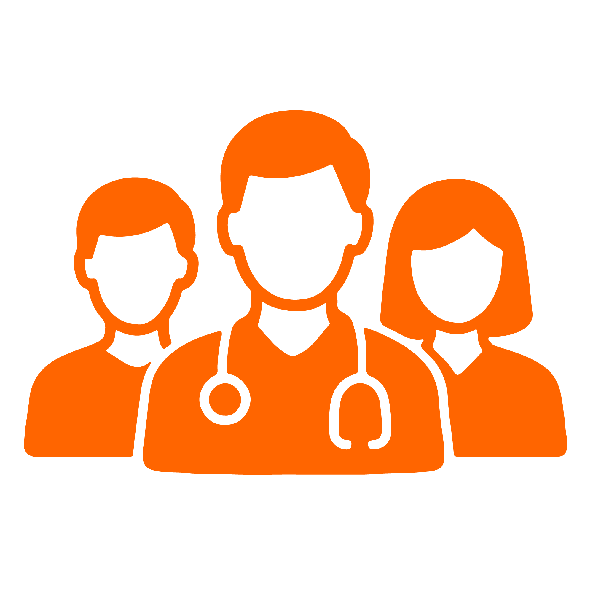 Illustration of five orange outline figures, representing people, with no facial features, arrayed in a group.