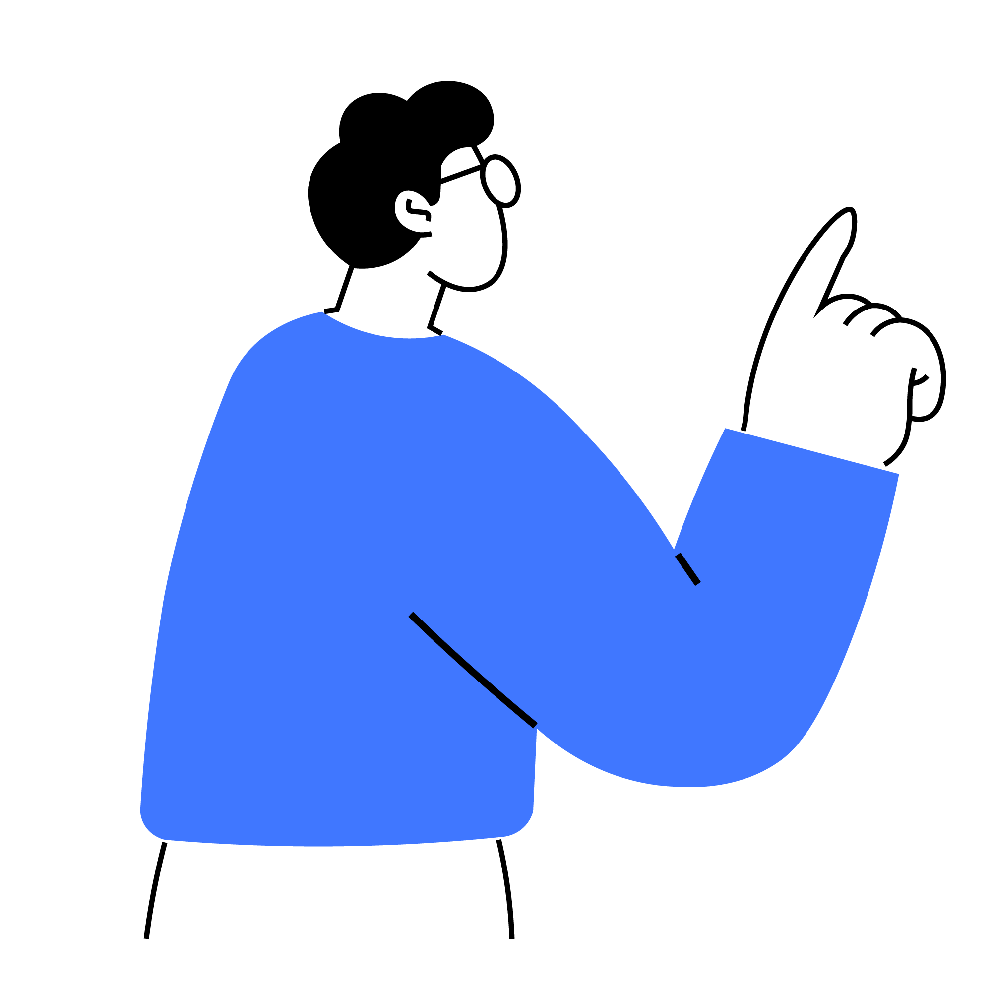 A cartoon illustration of a woman with dark hair and glasses wearing a blue sweater and white skirt, raising her right hand with her index finger pointing upwards.