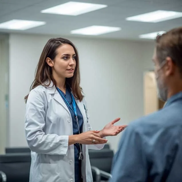 Medical professional, wearing a white coat and stethoscope, talking to a patient in a clinical setting.