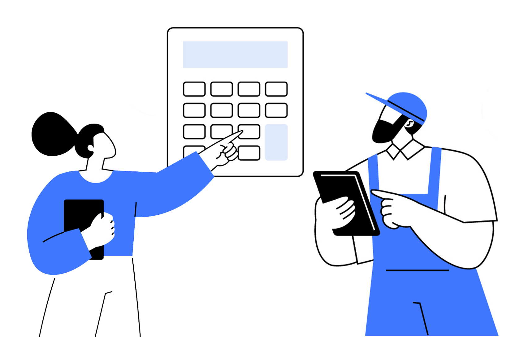 Illustration of a woman and a man discussing, holding digital devices, with a large calculator in the background.