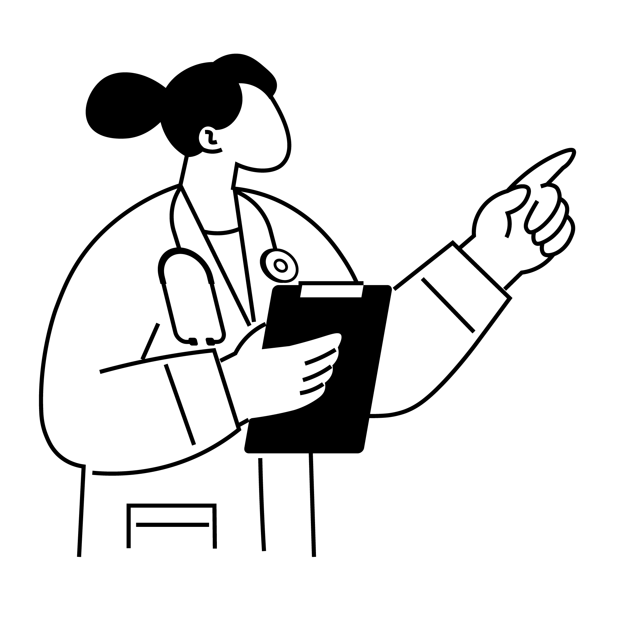 Line drawing of a healthcare worker wearing a coat and stethoscope, pointing with one finger, and holding a clipboard in the other hand.