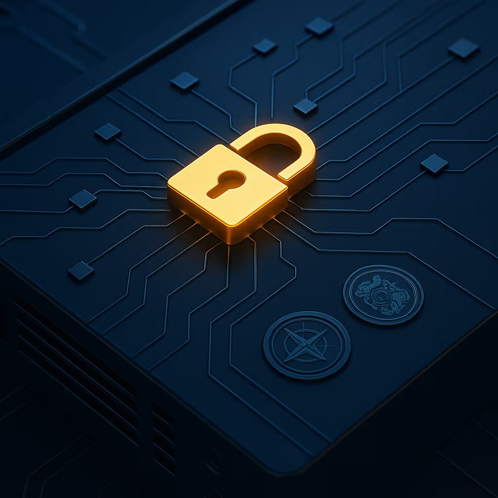 A gold open padlock on a dark circuit board background with circuit lines and digital icons.