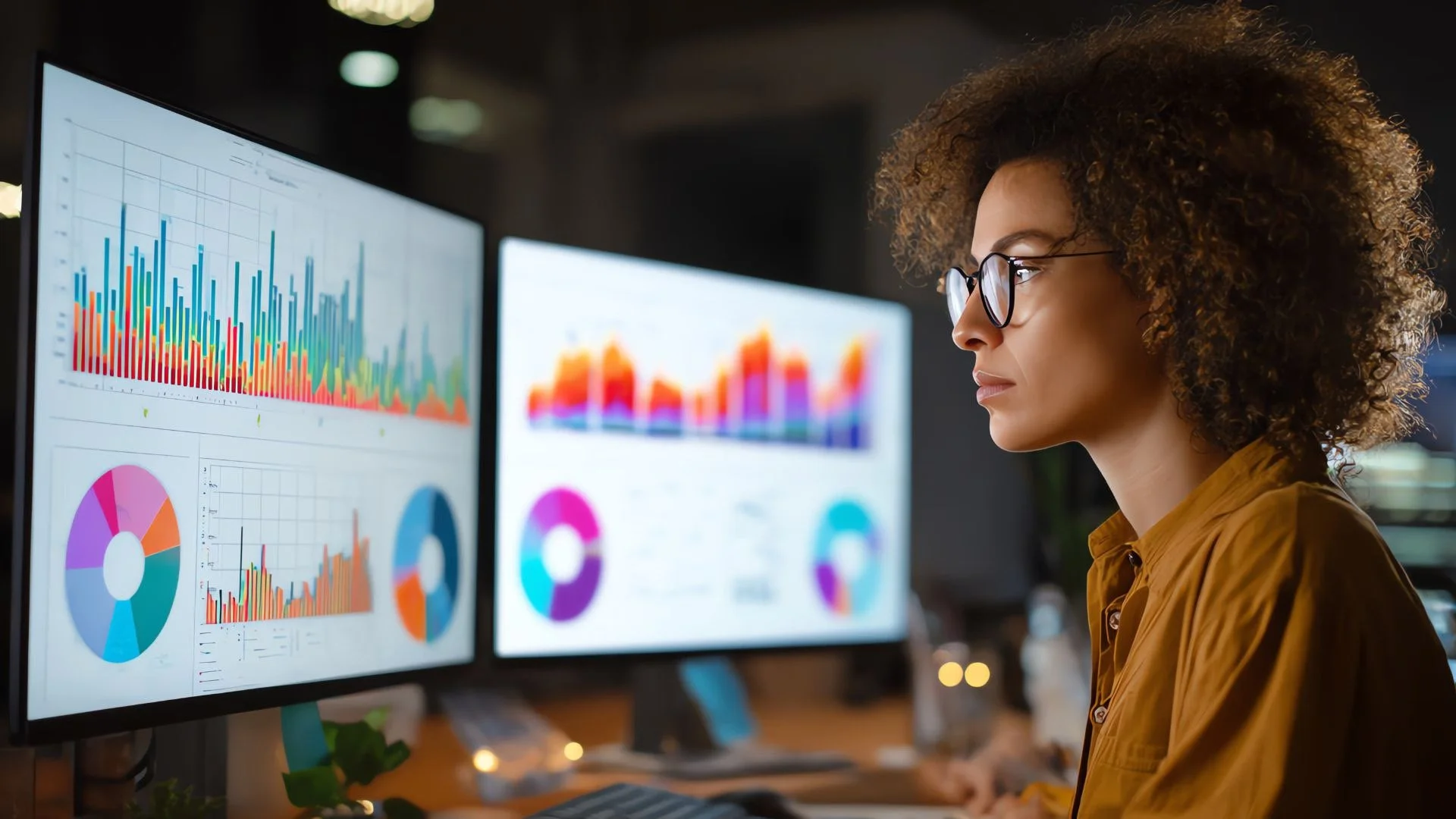 A woman with curly hair and glasses looking at multiple computer monitors displaying colorful data charts and graphs in an office setting.