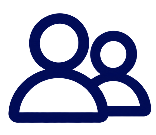 Icon of two stylized human figures, one larger in front and one smaller behind, representing users or people.