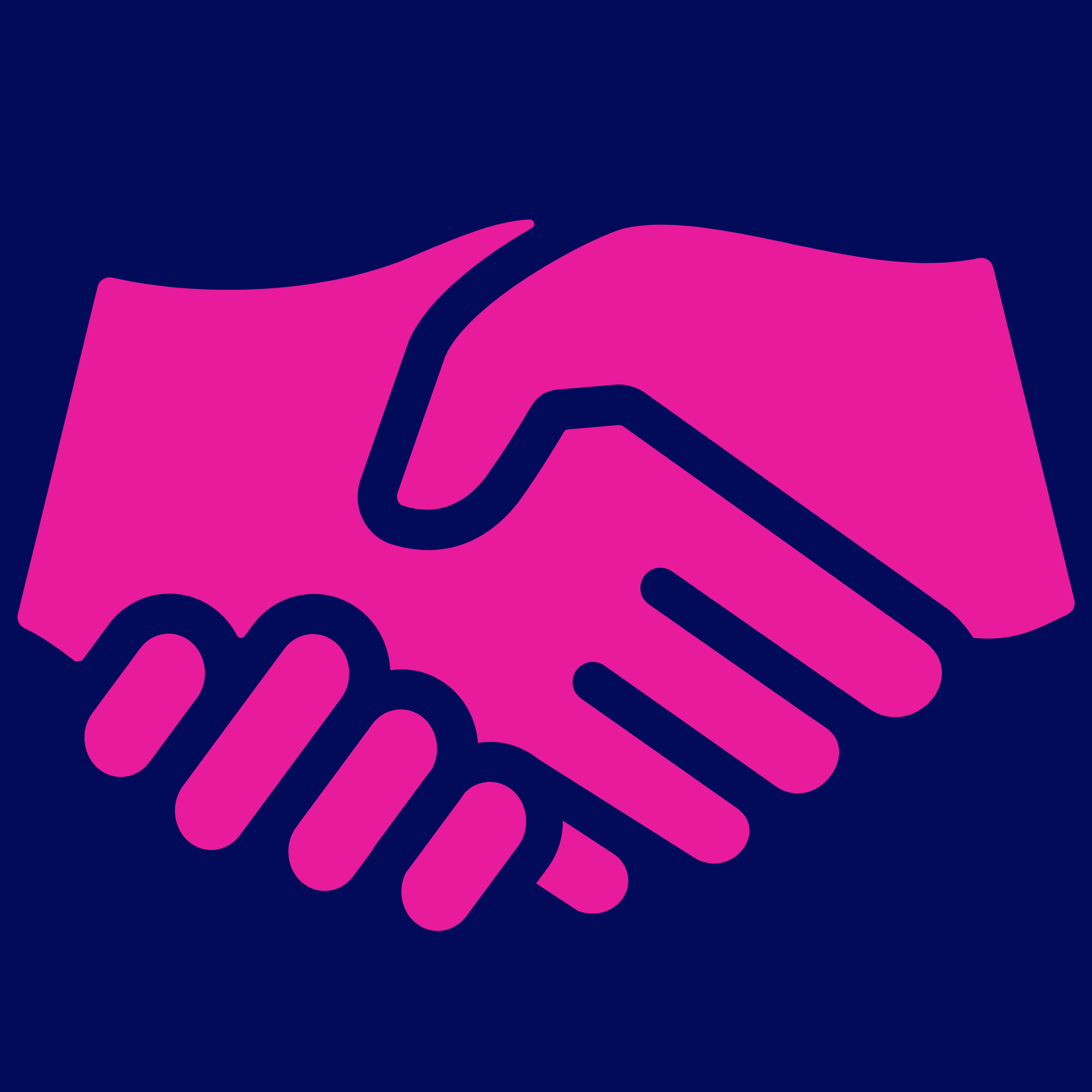 Illustration of a hand holding a pink credit card against a dark blue background.