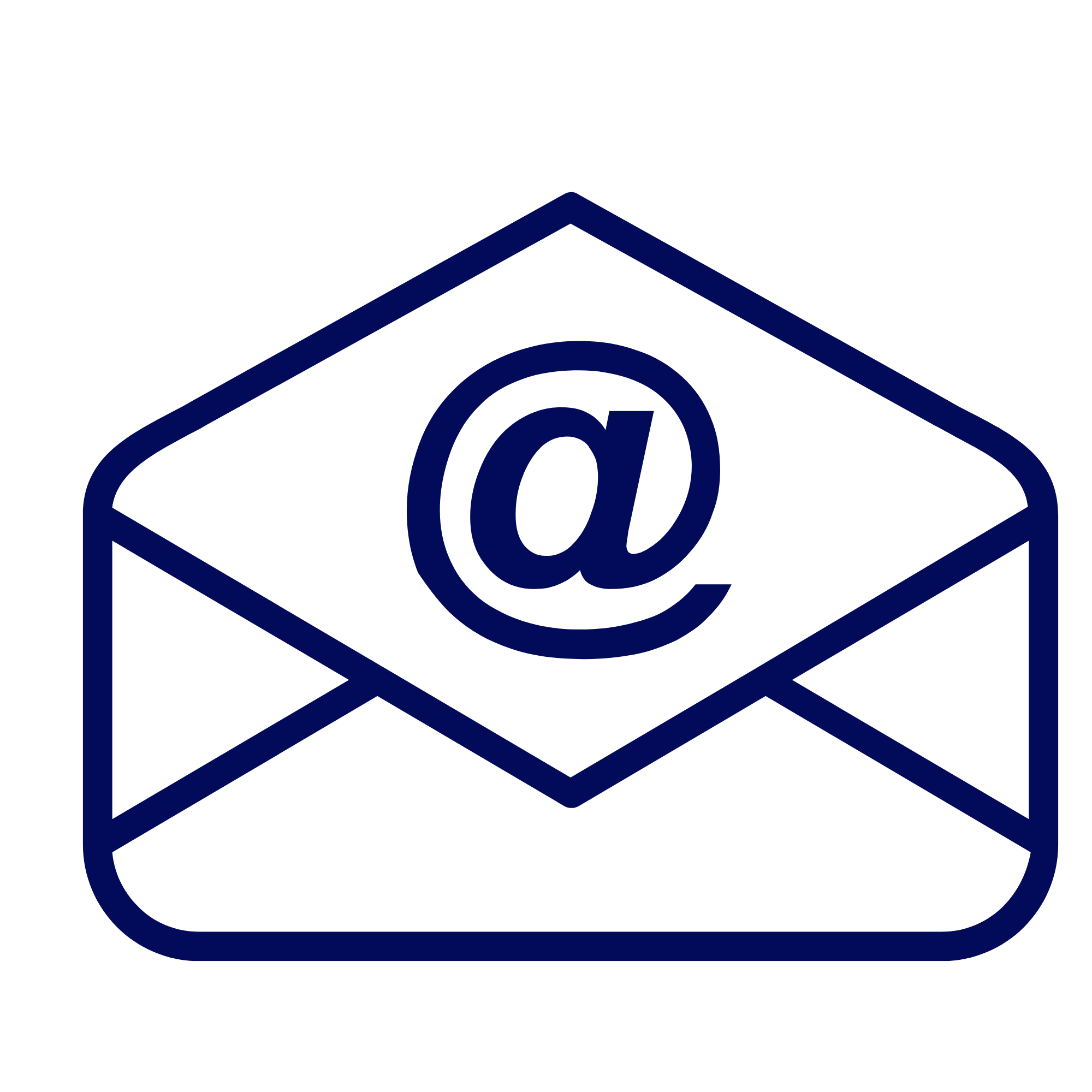 An illustration of a mailbox with the at symbol (@) inside. The mailbox is outlined in dark blue, with a black outline, on a white background.