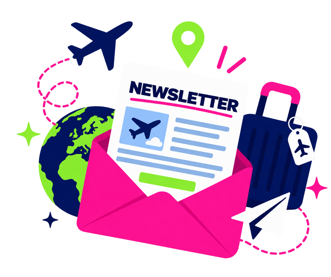 Illustration of a pink envelope with a newsletter inside, featuring an airplane icon, with a globe, suitcase with luggage tag, airplane, and various colorful icons around it, representing travel and global communication.