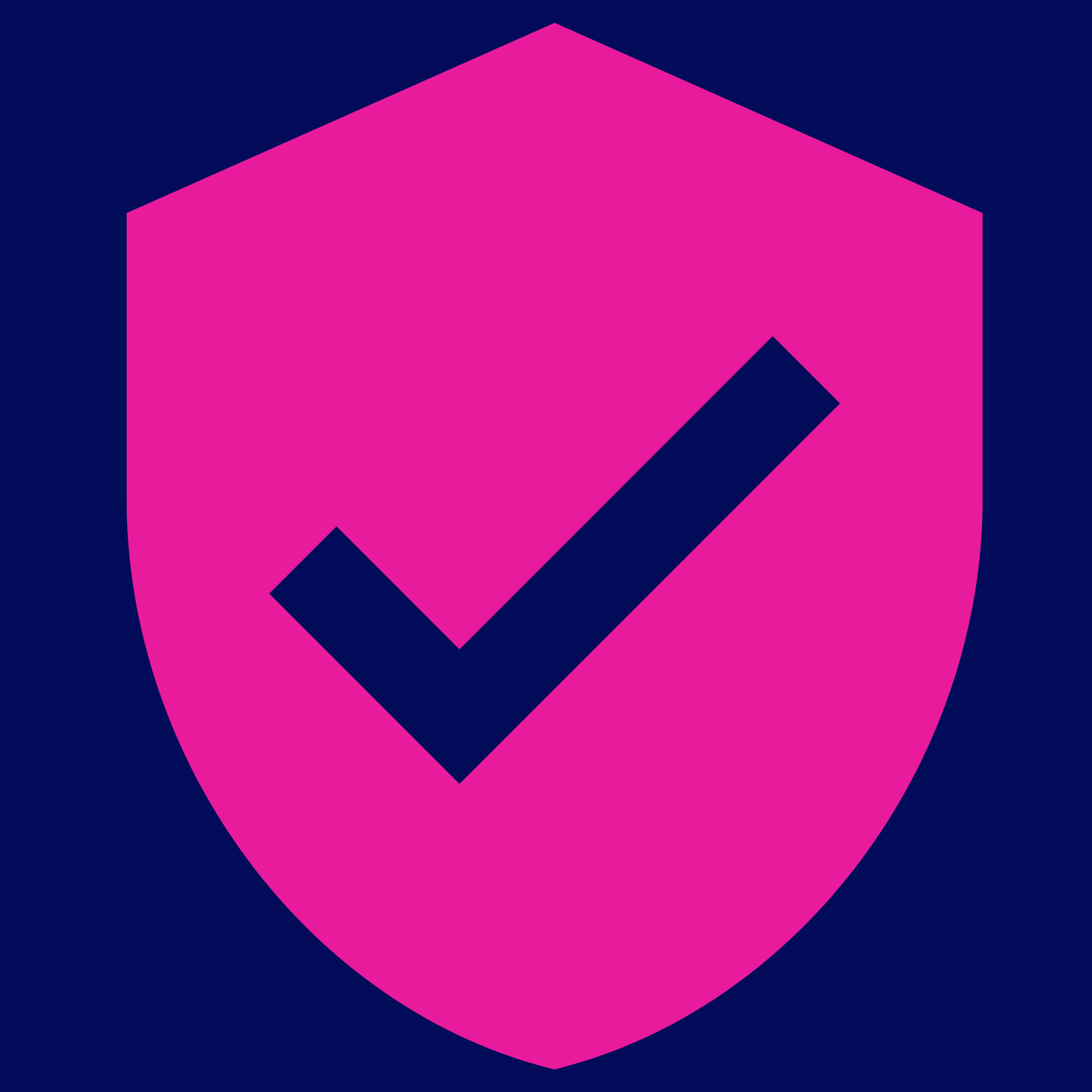 Stylized pink cube with a navy blue background.