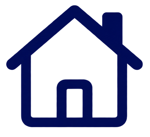 Outline of a house with a pitched roof and a chimney in dark blue.