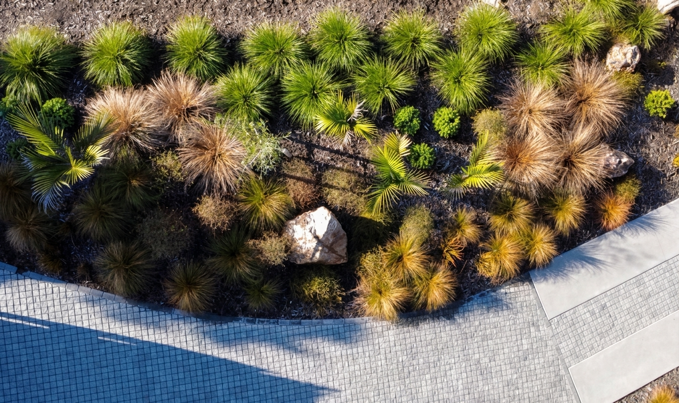 An aerial view of a landscaped garden with various green and brown plants, including palm-like trees, bushes, and rocks, bordered by paved walkways.