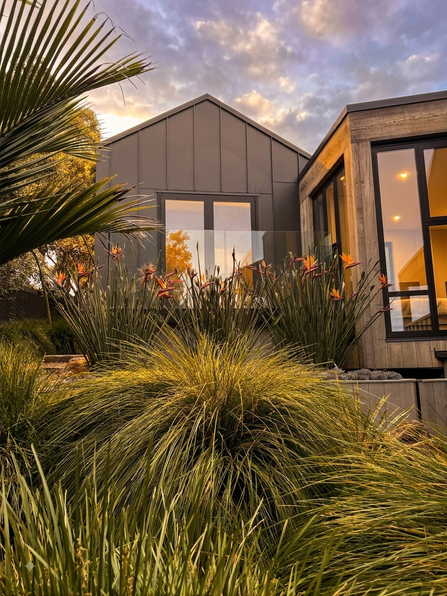 Modern house with large windows, surrounded by tall grasses and flowering plants, under a cloudy sky during sunset.