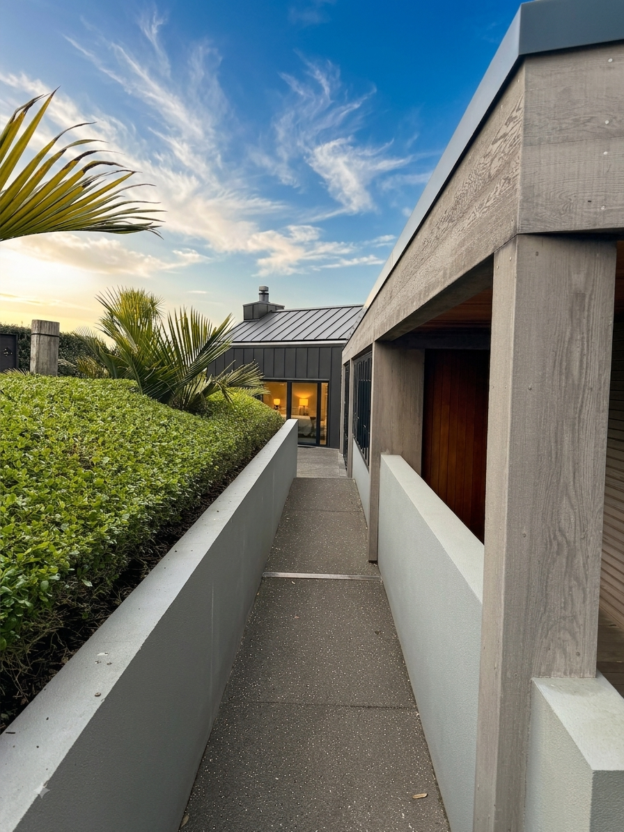 Outdoor walkway leading to a modern house with a garden on the left and a concrete wall on the right, under a blue sky with wispy clouds.