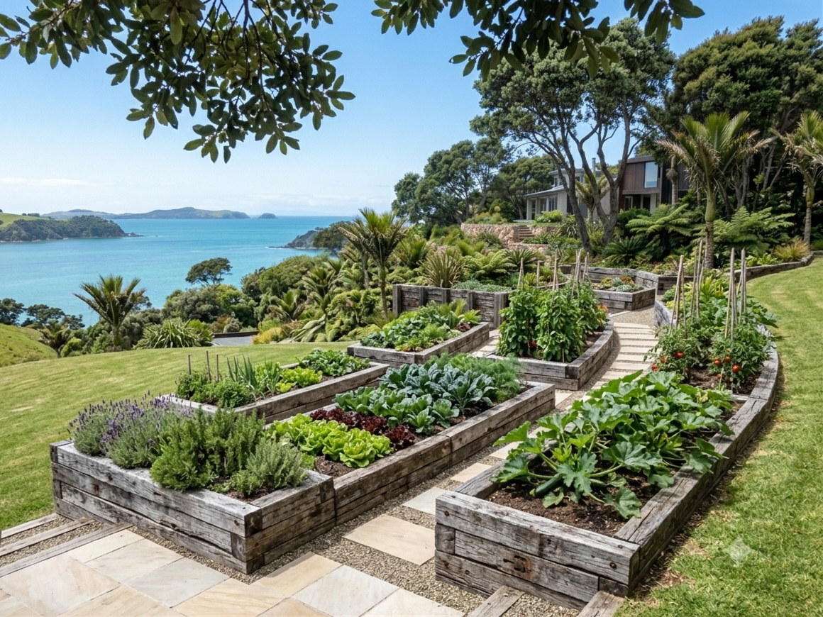 Raised garden beds filled with various vegetables and herbs on a hillside with a view of the ocean and surrounding trees.