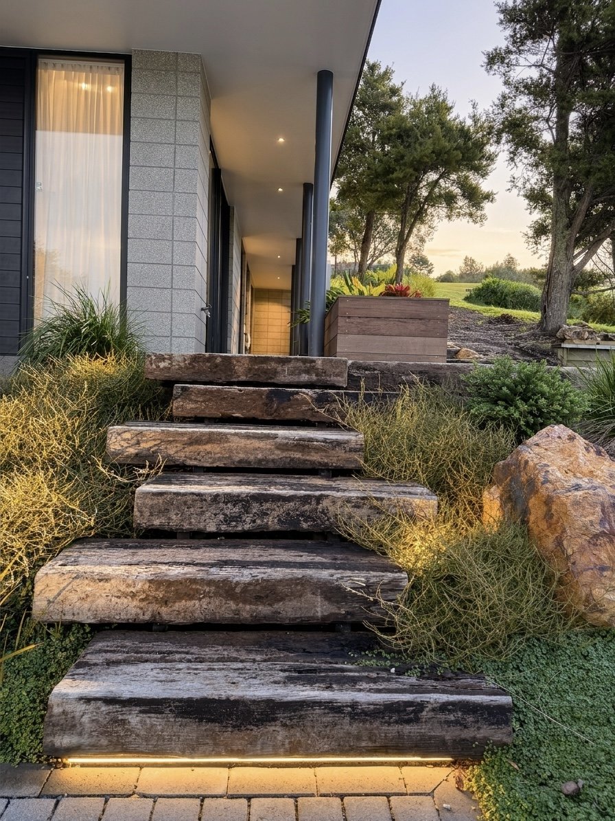 Wooden steps leading to a modern patio with outdoor lighting, surrounded by landscaped plants, rocks, and trees.