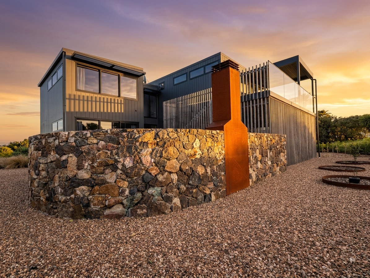 Modern house with stone wall and metal exterior, sunset sky in background.