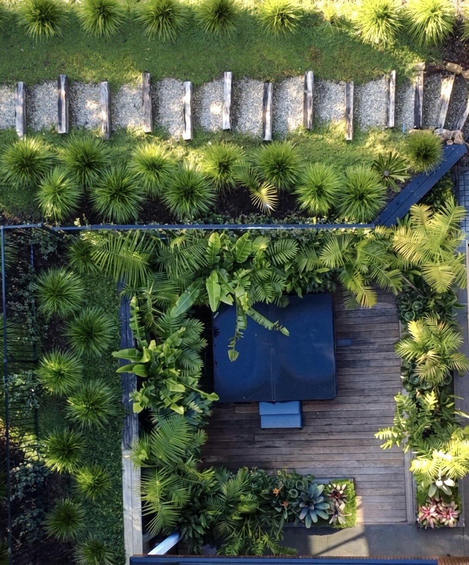 Top-down view of a backyard garden with lush green plants, palm trees, and a wooden deck. There is a blue outdoor seating or lounge area on the deck.