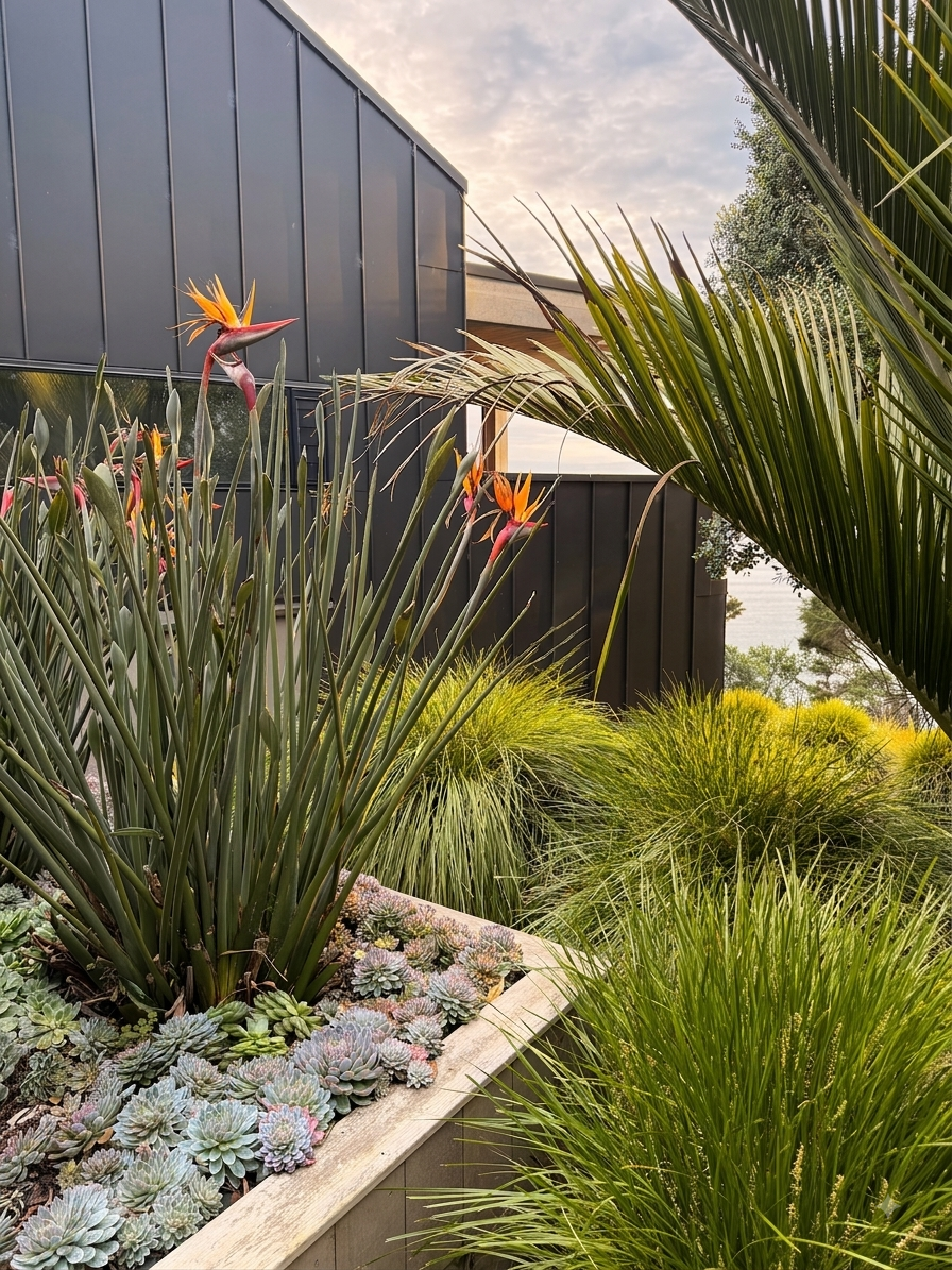 A modern building with dark blue exterior walls surrounded by lush green plants, including succulents, grasses, and bird of paradise flowers, with a cloudy sky in the background.