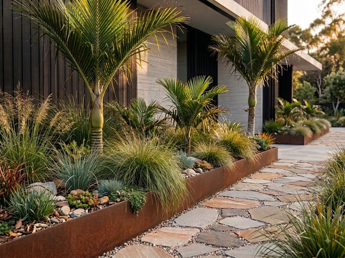 A modern house with large glass windows and wooden accents, illuminated from within during dusk. It features a landscaped garden with various green plants, rocks, and a stone pathway leading to the stairs and entrance.
