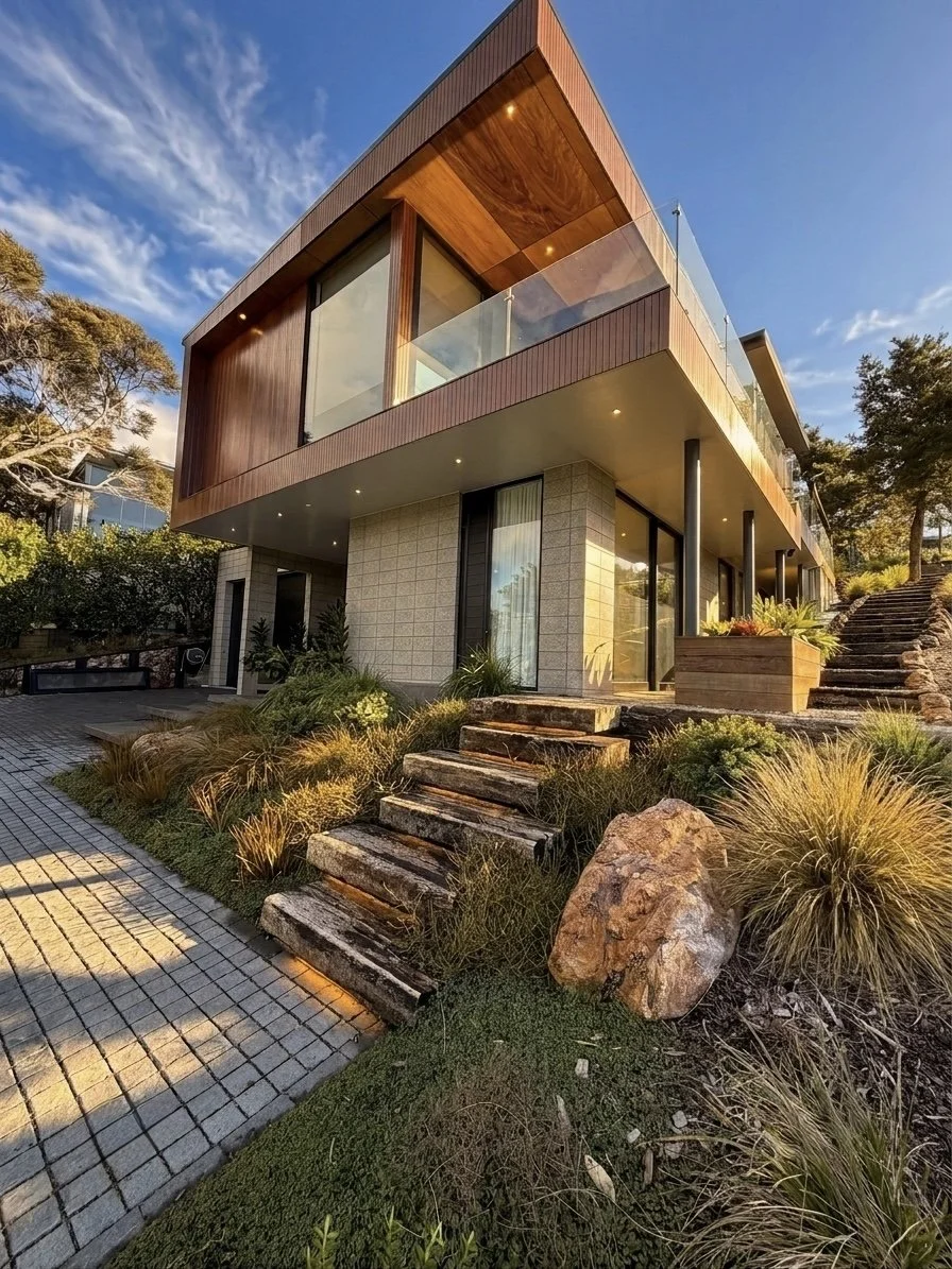 Modern multi-story home on Waiheke Island with wooden and brick exterior, large glass windows, and a balcony with glass railing — landscaped yard with rocks, plants, and wooden steps, maintained by Waiheke's best landscaping and garden maintenance team.