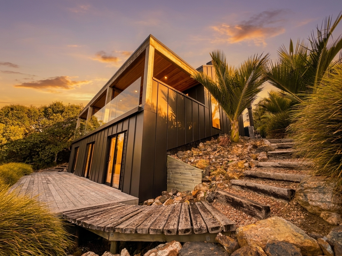 Modern house with wooden and black metal exterior, large windows, situated on a rocky landscape with stairs and palm trees, at sunset.