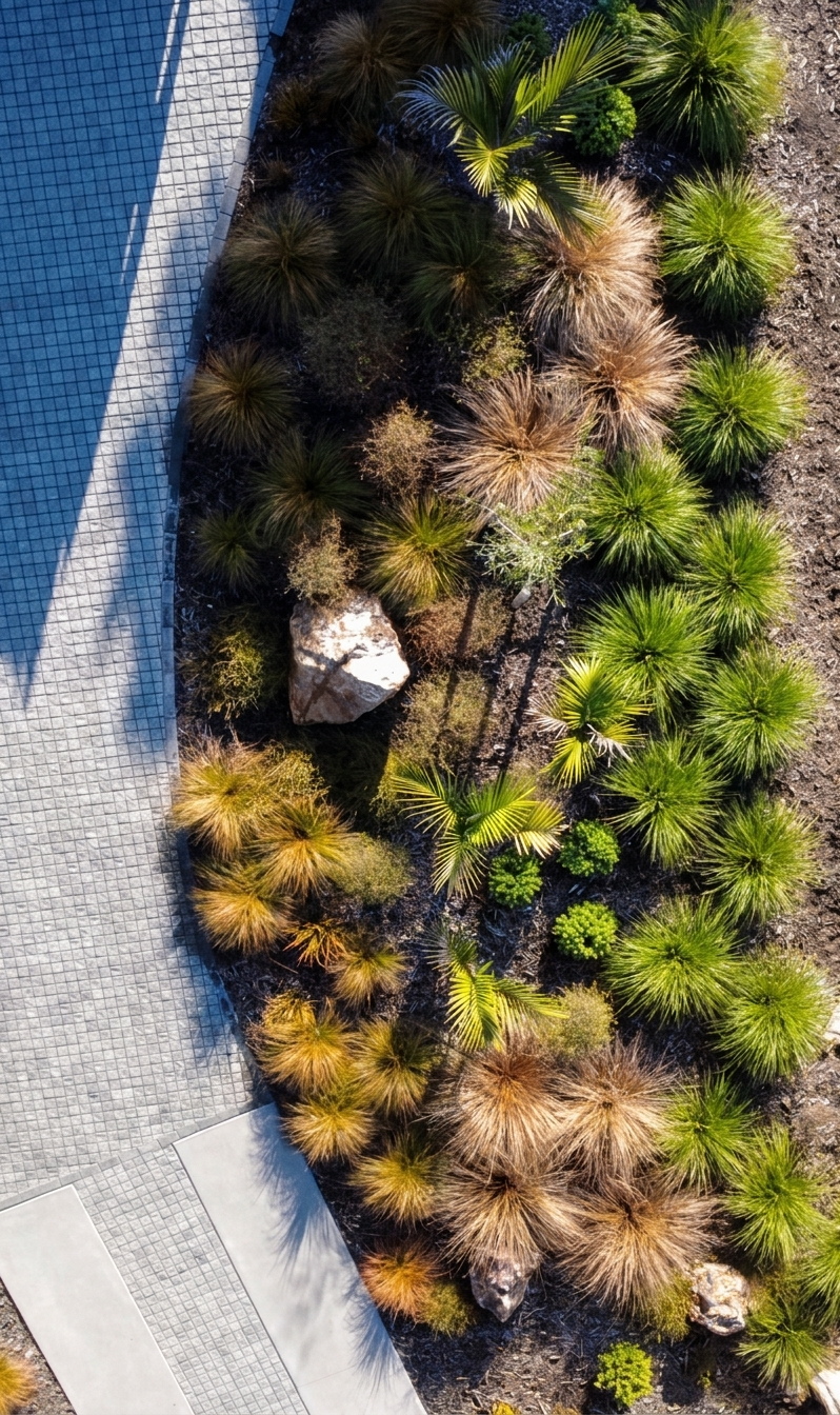 Aerial view of a garden with various green and brown plants, rocks, and a tiled walkway on the left side.