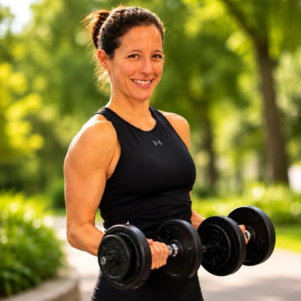 A woman with a ponytail in a black athletic tank top lifting dumbbells outside on a green, tree-lined path.