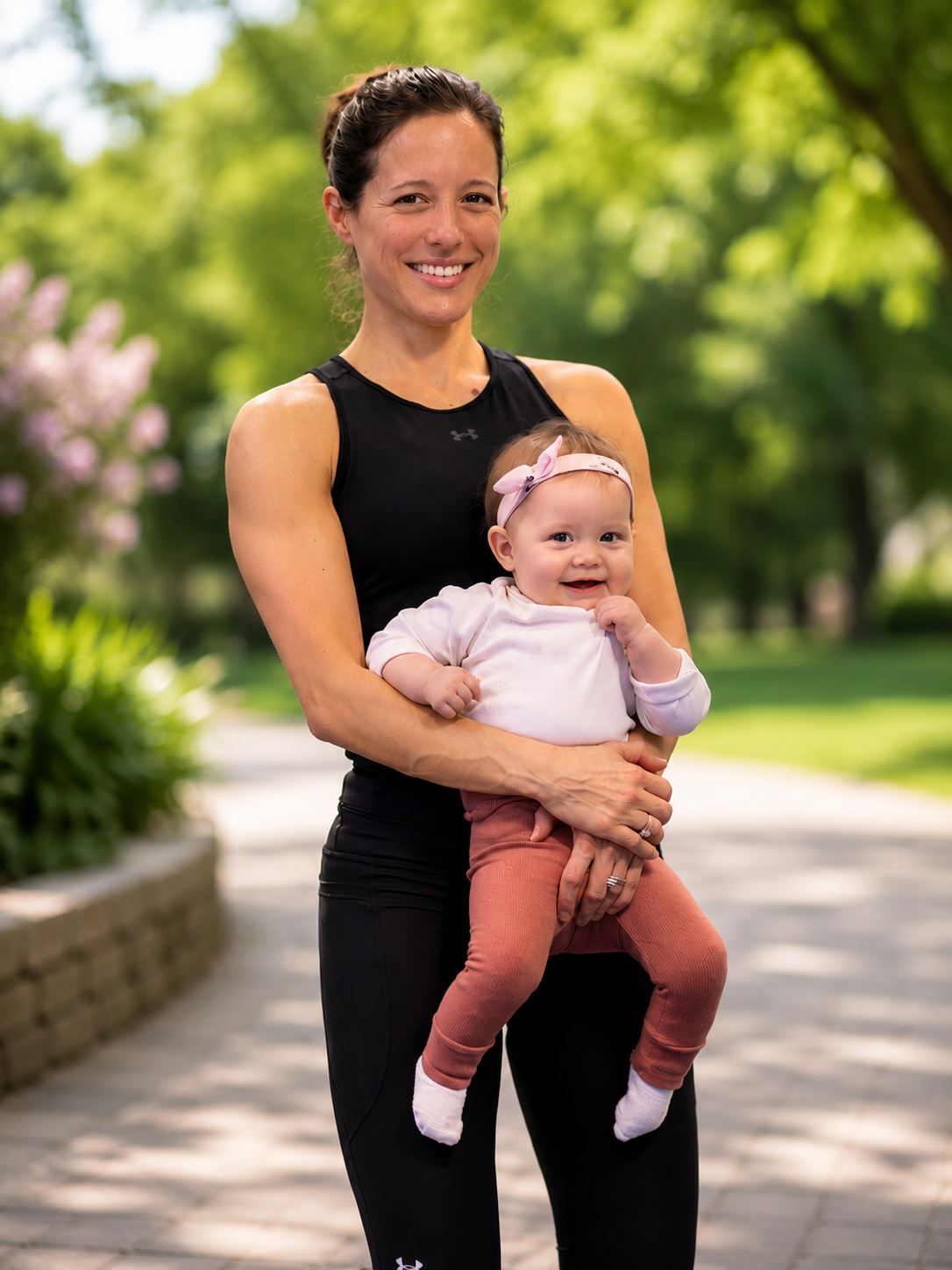 A woman in athletic wear holding a smiling baby girl outdoors on a sunny day in a park with trees and pink blossoms in the background.