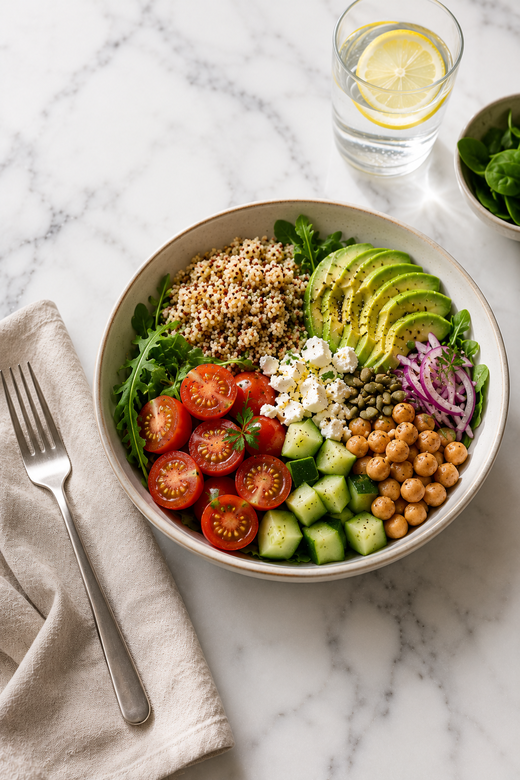 A bowl of salad with cherry tomatoes, cucumber, chickpeas, avocado, red onions, feta cheese, quinoa, and arugula on a white marble surface, with a glass of lemon water, a small bowl of greens, and a fork on a beige cloth napkin.
